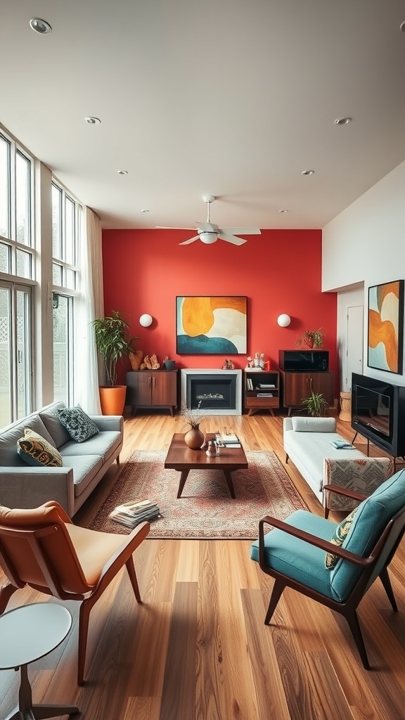 A mid-century modern living room featuring a red wall, iconic furniture, and natural light.