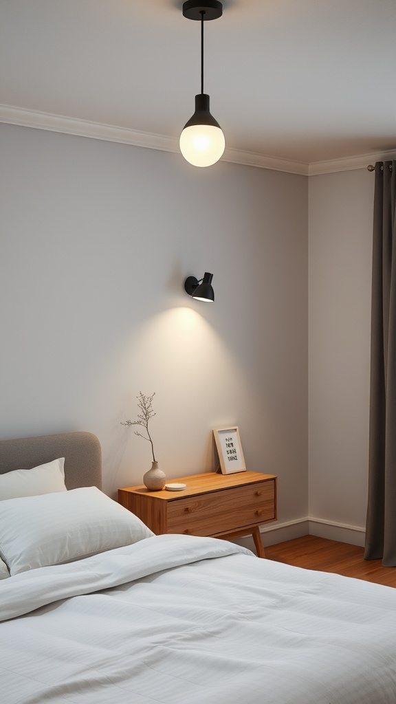 A minimalist bedroom featuring a pendant light and wall sconce for lighting.