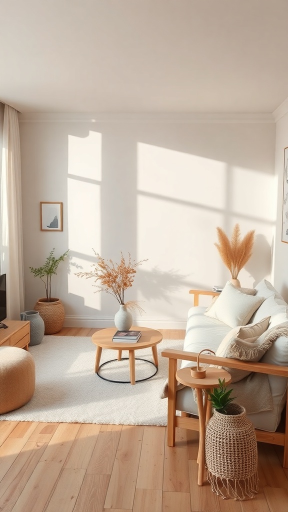 A minimalist living room with natural light, wooden furniture, and plants, showcasing Japandi decor.