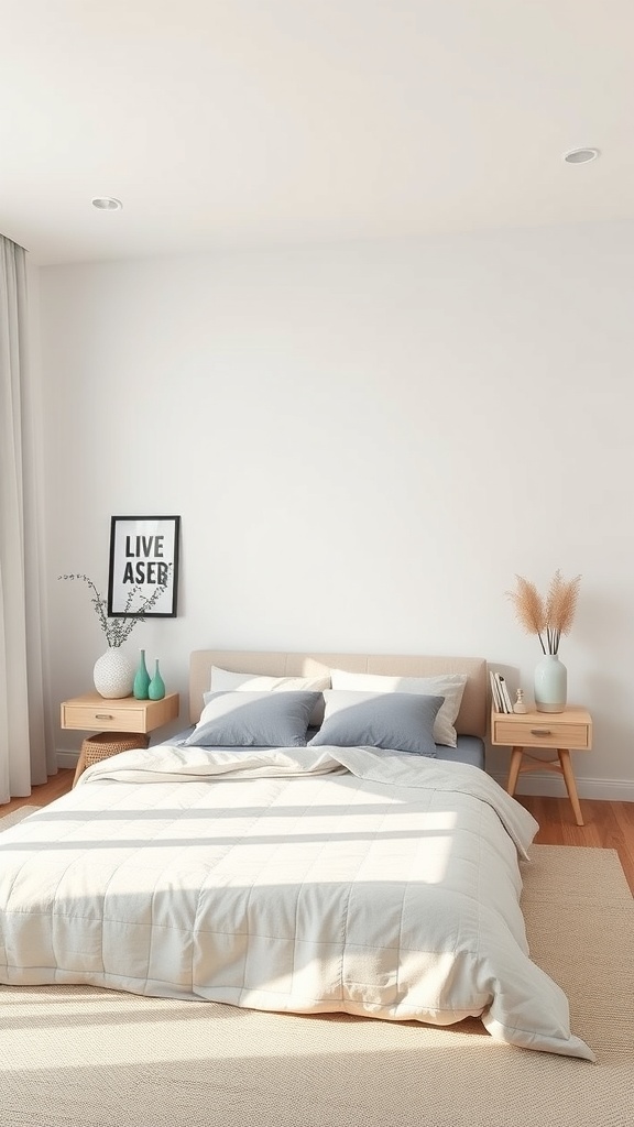 A serene minimalist bedroom with a light color palette and simple decor.