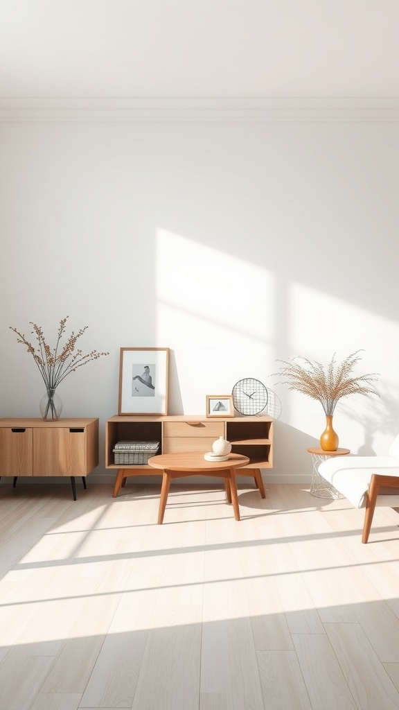 A minimalist Wabi-Sabi inspired room with wooden furniture, plants, and natural light.