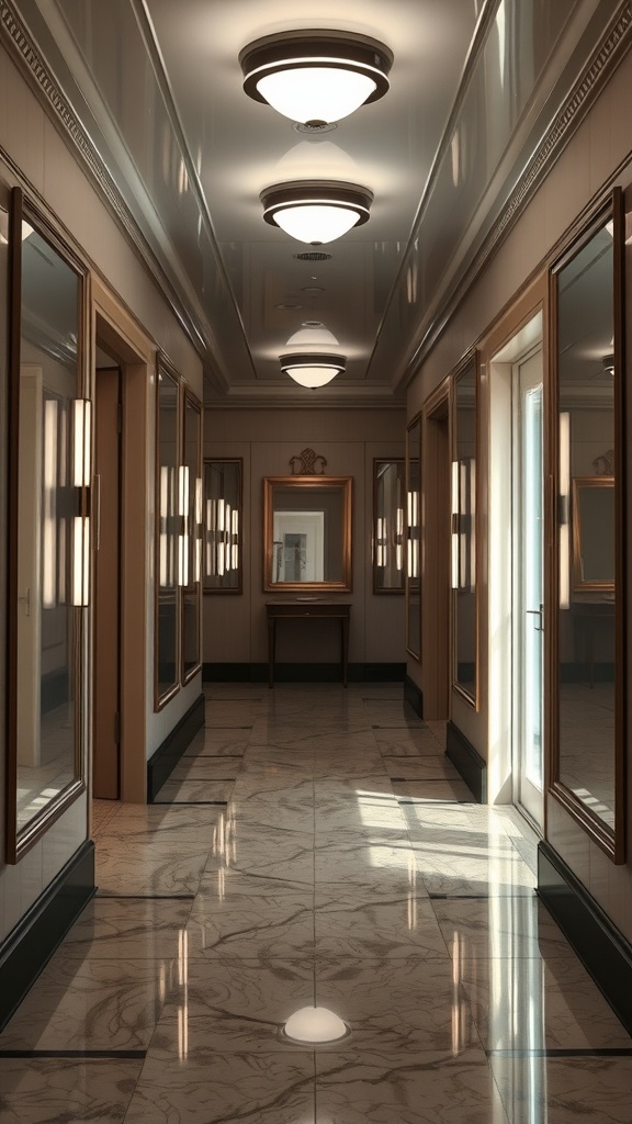 A hallway with mirrored surfaces and elegant lighting