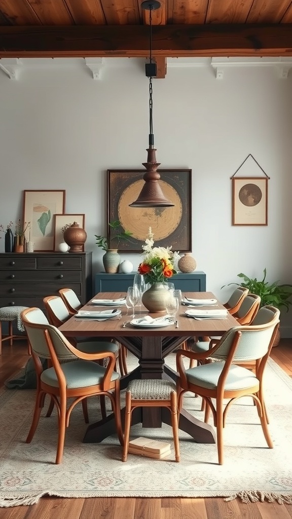 A stylish dining room featuring a wooden table surrounded by a mix of chairs, decorative wall art, and a pendant light.
