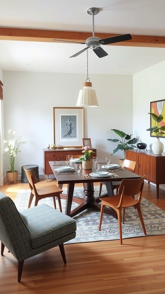 A mid-century modern dining room featuring a wooden table, contemporary chairs, and a cozy blue armchair.