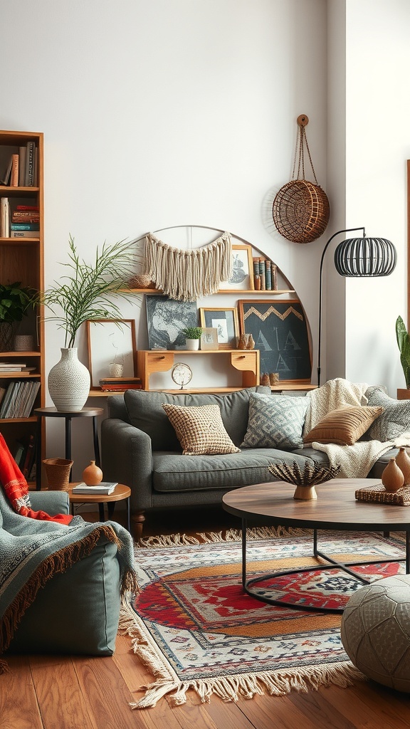 A cozy living room featuring a gray sofa with patterned pillows, a wooden coffee table, a colorful area rug, and various decorative elements.