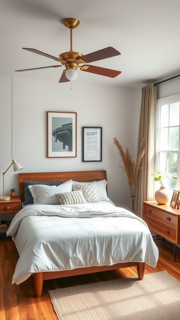 Mid-century modern bedroom featuring a wooden bed frame, modern decor, and natural light.