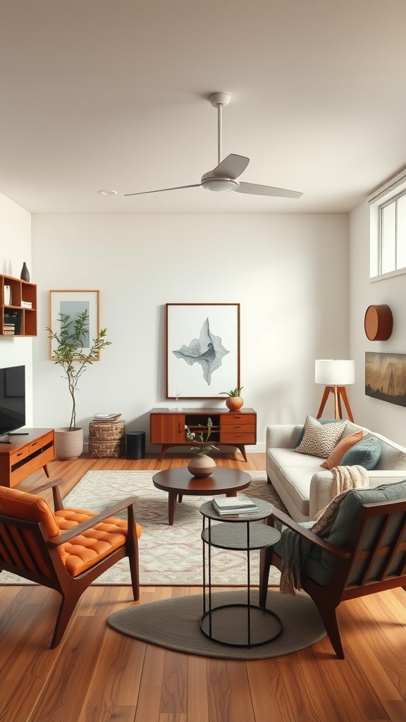 A mid-century modern living room featuring vintage furniture and contemporary decor.