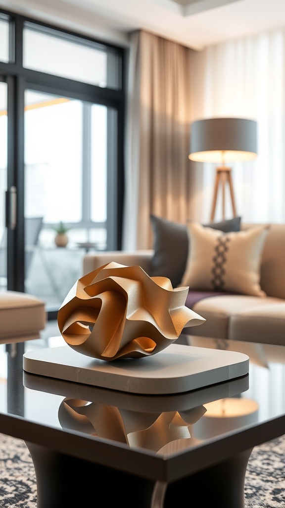 A modern living room featuring a 3D printed sculpture on a glass coffee table, surrounded by a stylish sofa and decorative pillows.