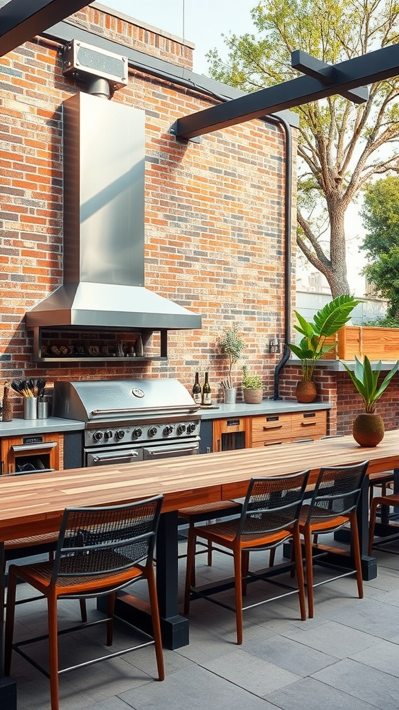 Modern industrial outdoor kitchen with a brick wall, stainless steel grill, and wooden dining table.