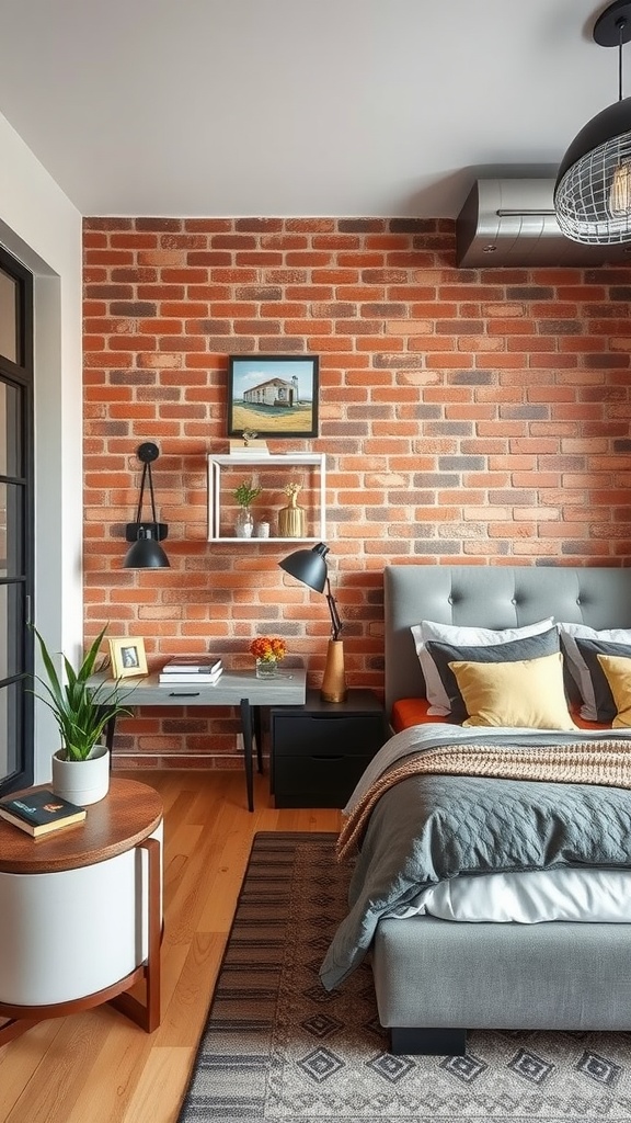 A modern industrial bedroom featuring exposed brick walls, a stylish bed, and unique decor.