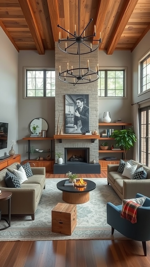 A modern rustic living room featuring wooden walls, a high ceiling, stylish furniture, and a cozy atmosphere.