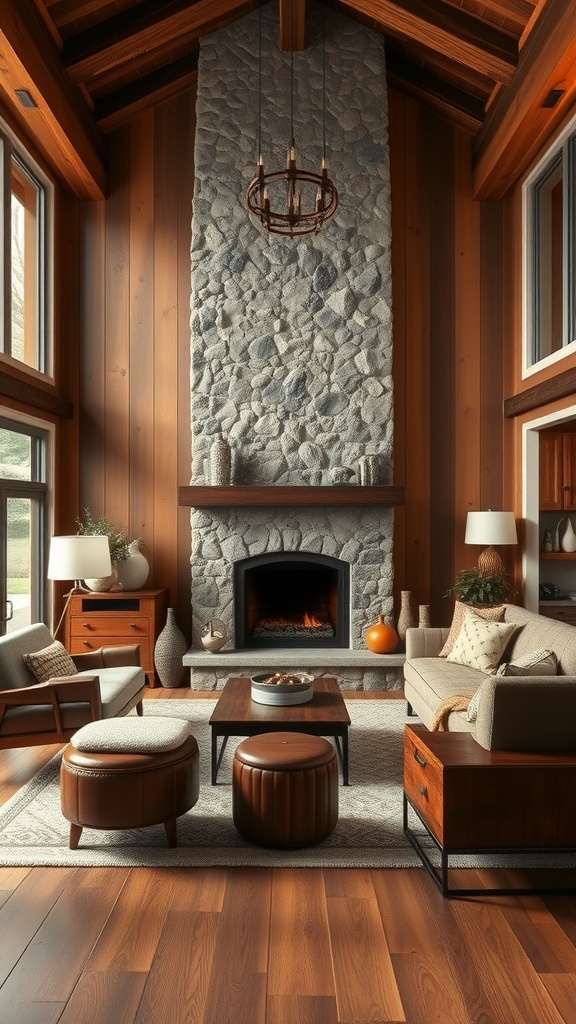 A modern rustic living room featuring warm wood accents, a stone fireplace, and stylish furniture.