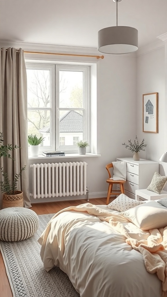 Aesthetic bedroom featuring Scandinavian design elements with natural light, plants, and cozy textiles.