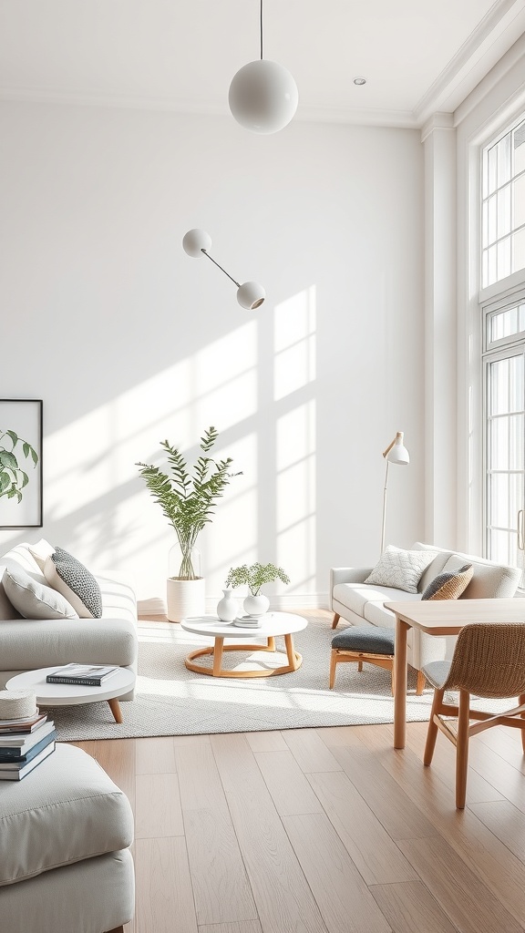 A modern Scandinavian living room featuring light-colored sofas, a round coffee table, and large windows with natural light.