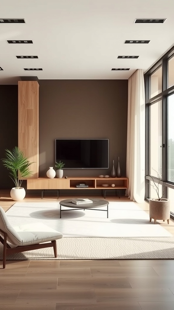 A modern Zen living room featuring minimalist design with natural light, wooden accents, and simple furniture.