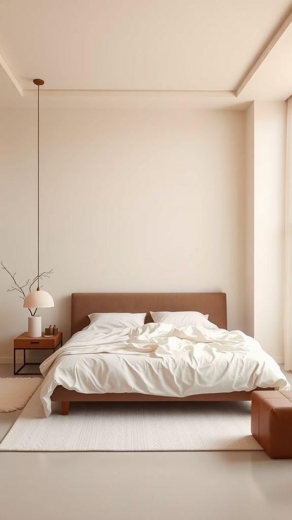 A minimalist bedroom featuring a monochromatic theme with a brown bed, white linens, and soft lighting.