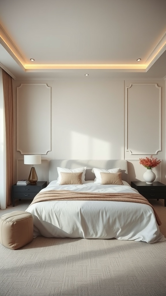 A modern luxury bedroom featuring soft neutral colors and warm tones.