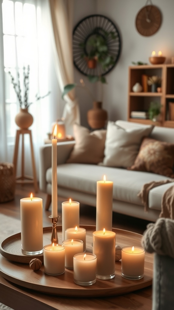 A cozy living room scene featuring a variety of candles on a wooden tray, creating a warm and inviting atmosphere.