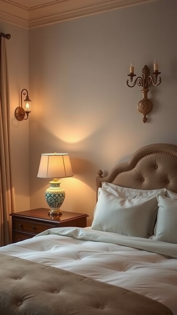 A cozy guest bedroom with warm lighting from a bedside lamp and wall sconces.