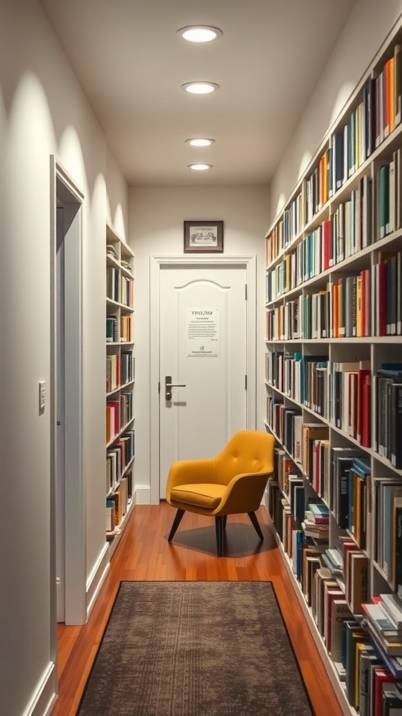 A hallway with bookshelves on both sides and a yellow chair in the center.