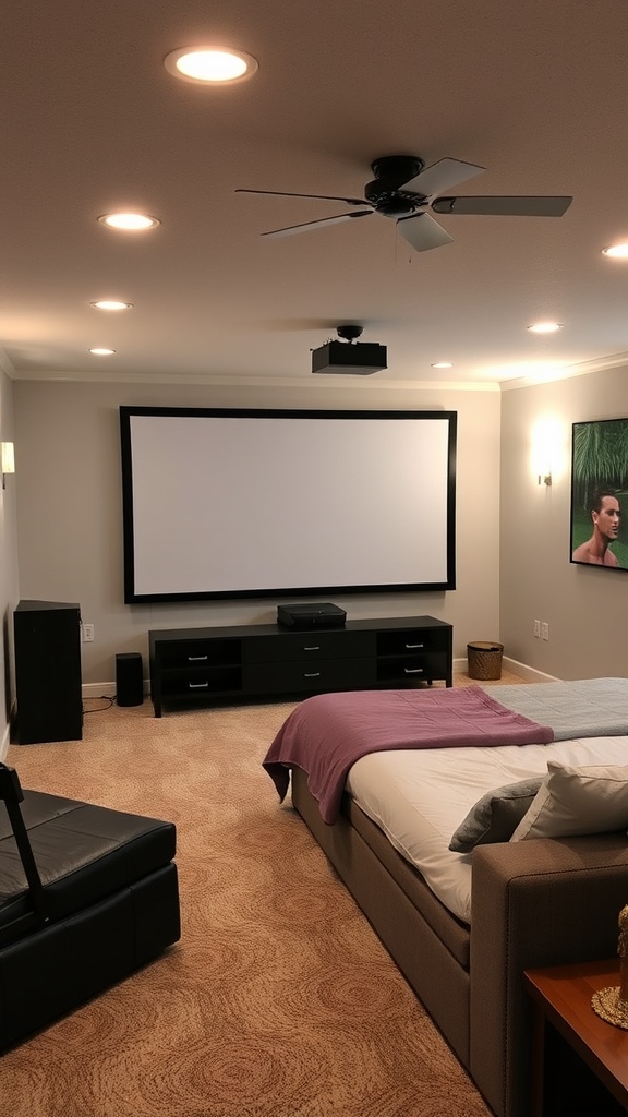 A cozy basement retreat featuring a large screen, comfortable seating, and warm lighting.
