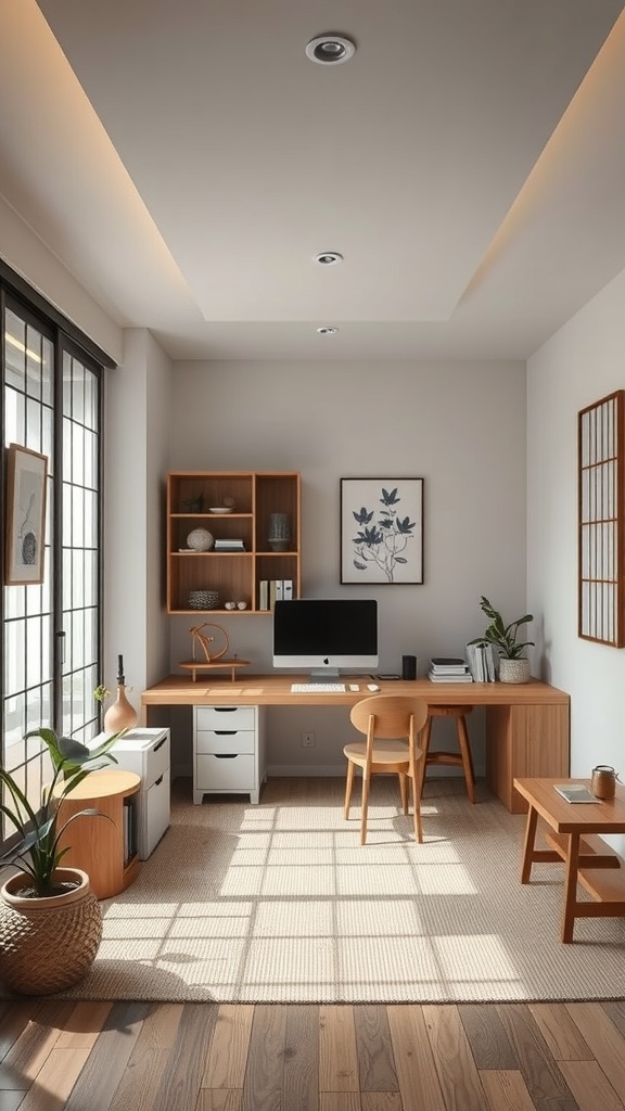 A modern multifunctional workspace featuring a desk, shelves, and plants in a bright room.