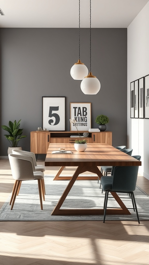 A modern multipurpose dining area featuring a wooden table, colorful chairs, and stylish decor.