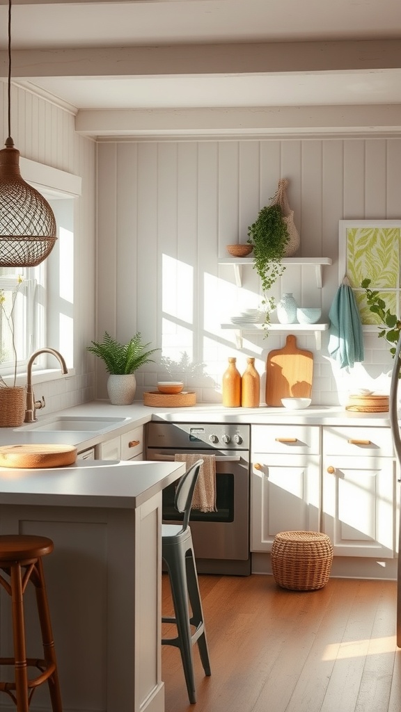 Bright and airy boho kitchen with natural light, plants, and wooden accents.
