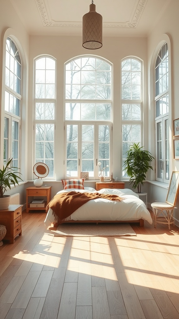 Bright boho bedroom with large windows, wooden floors, and plants.