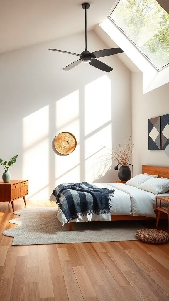 A bright mid-century modern bedroom featuring large windows, a skylight, and wooden furniture.