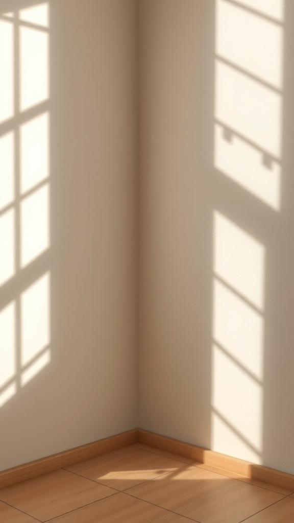 A corner of a room with soft shadows cast by natural light on a wall.