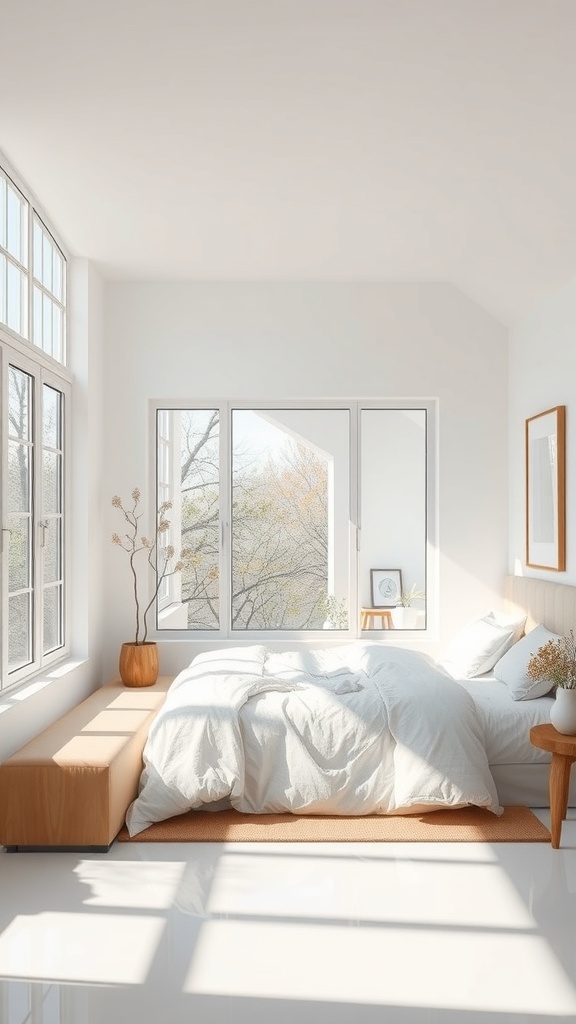 A minimalist bedroom with large windows allowing natural light to fill the space, featuring light bedding and wooden furniture.