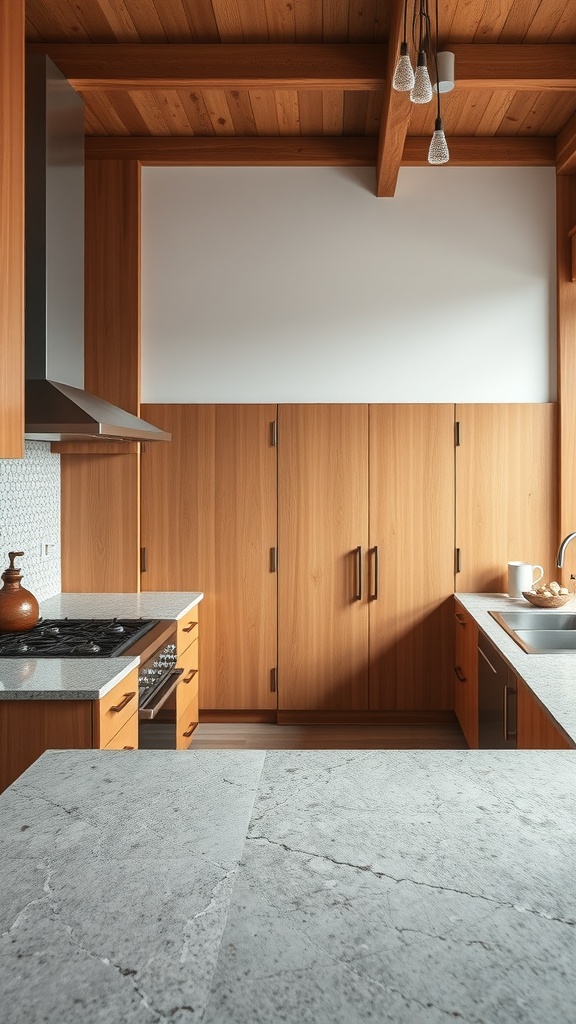 A mid-century modern kitchen featuring wooden cabinetry and a stone countertop.