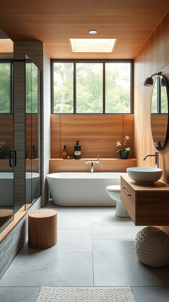 A modern bathroom featuring wood paneling, a freestanding bathtub, and natural light from large windows.