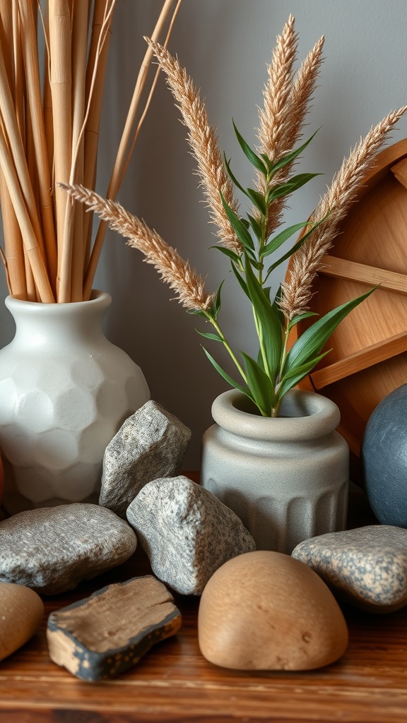 An arrangement of natural materials including vases, dried grasses, and stones, showcasing Japandi decor style.