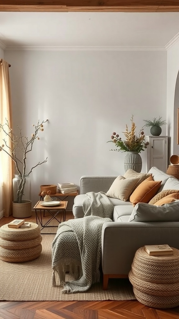 A cozy living room featuring a gray sofa with earthy-toned pillows, woven poufs, and natural decor elements.