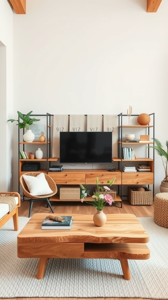 A cozy living room featuring natural wood accents, including a unique coffee table and shelving units, with soft textures and plants.