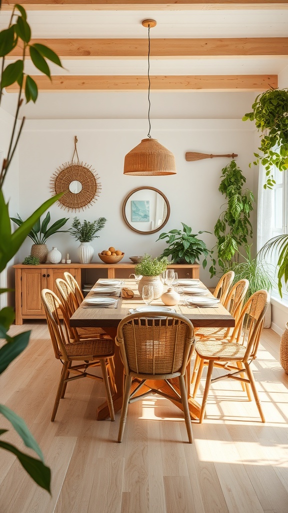 A cozy dining room featuring a wooden table, rattan chairs, and natural decor elements.
