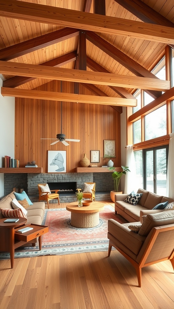 A mid-century modern living room featuring natural wood elements, exposed beams, and a cozy atmosphere.