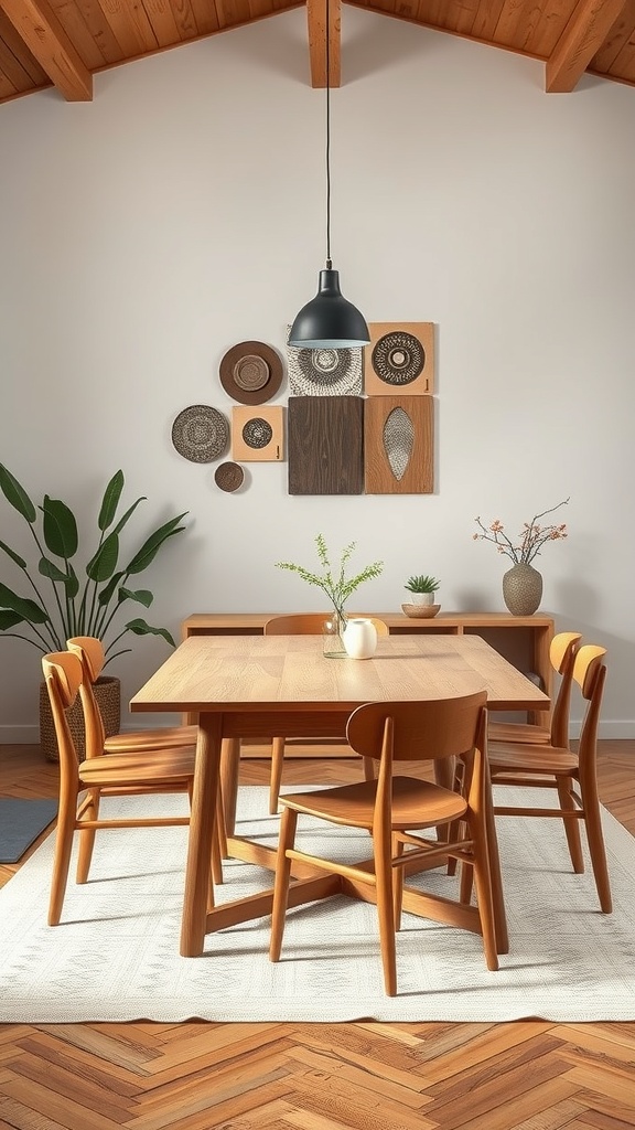 A mid-century modern dining room featuring a wooden table and chairs, textured wall art, and plants.