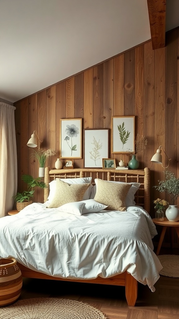 Aesthetic bedroom with wooden walls, botanical prints, and cozy bedding.