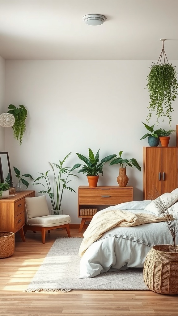 A cozy bedroom with plants, wooden furniture, and soft textiles.