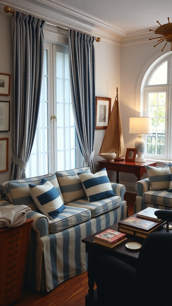 A cozy living room with blue and white striped sofa and curtains, showcasing a nautical theme.