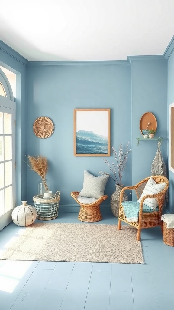 A cozy corner with light blue walls, rattan furniture, and ocean-themed decor.