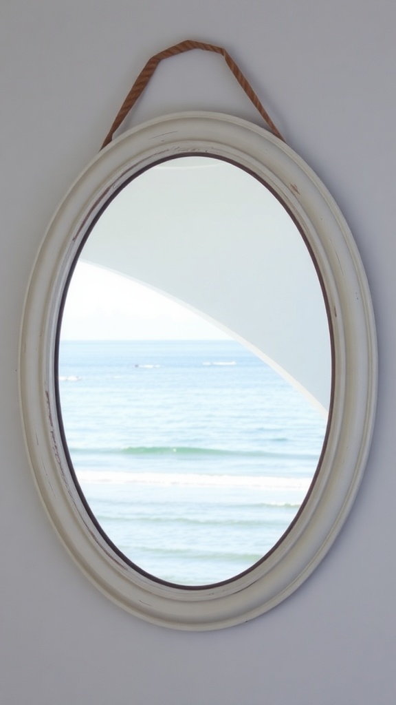 An oval mirror with a rustic frame reflecting an ocean view
