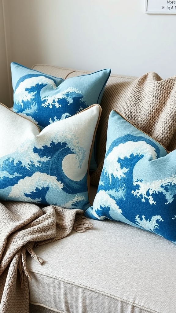 A cozy sofa with pillows featuring ocean wave patterns in blue and white, complemented by a beige throw blanket.