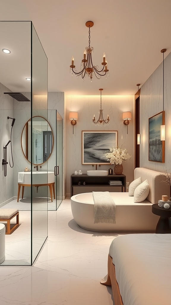 Modern luxury bathroom with open-concept design, featuring glass panels and elegant fixtures.