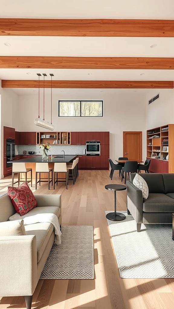 Open concept kitchen and dining area with wooden cabinetry and modern furniture