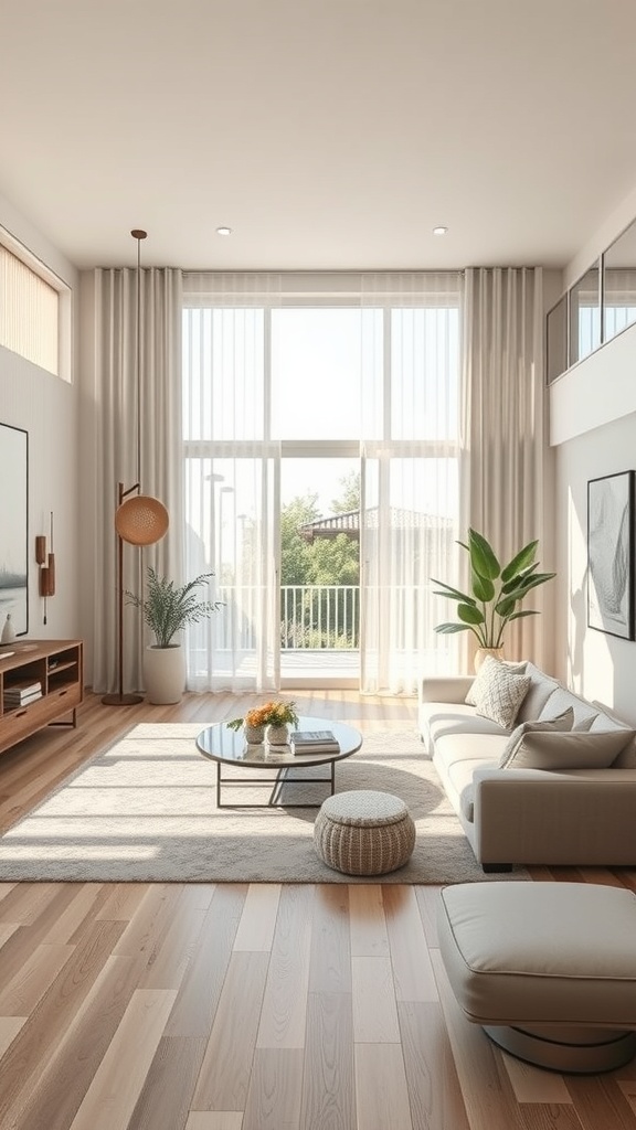 A spacious open concept living area featuring large windows, neutral tones, and stylish furniture.
