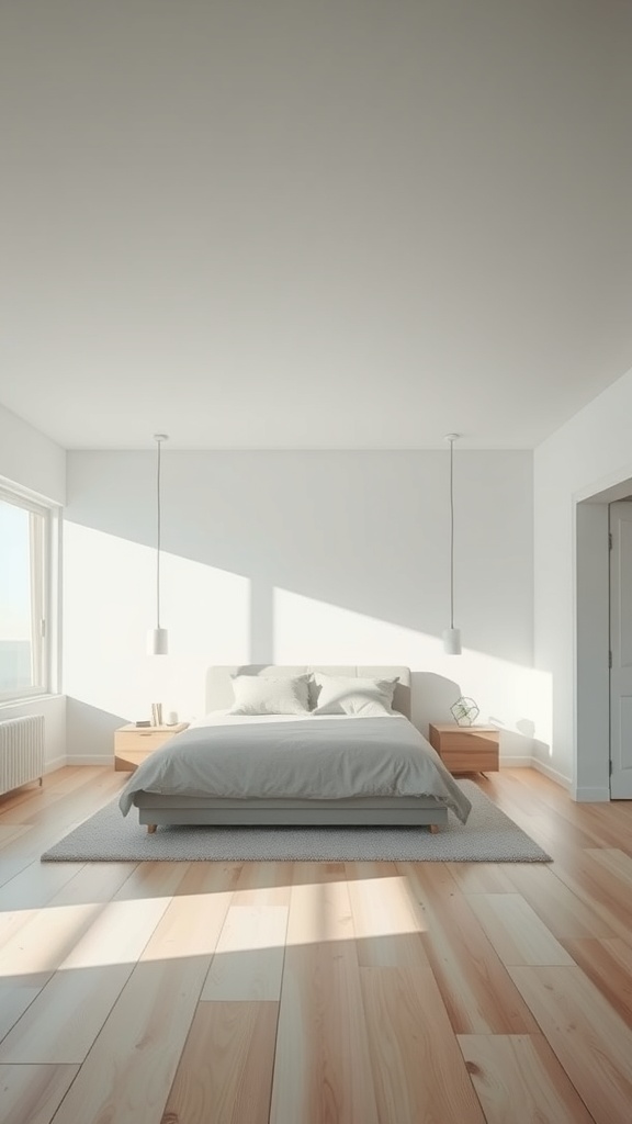A minimalist bedroom with an open floor plan, featuring a bed, wooden flooring, and large windows.